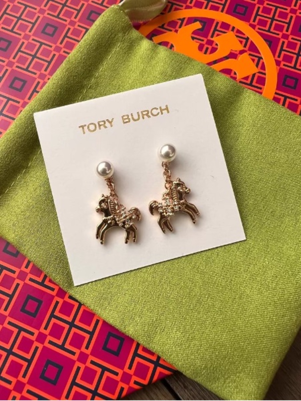Tory Burch Gold Horse Pearl Drop Kids Earrings